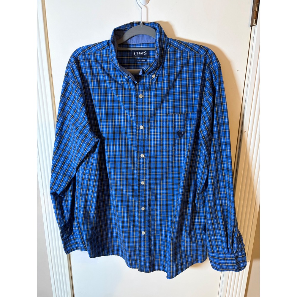 Chaps Mens XL Blue Plaid Easy Care Long Sleeve Button Down Shirt Crest Logo